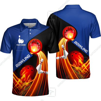 Custom Bowling Unisex Polo Shirt - Amazing Fire Bowling Ball Pattern Personalized Name Polo Shirt For Men & Women, Bowling Lover