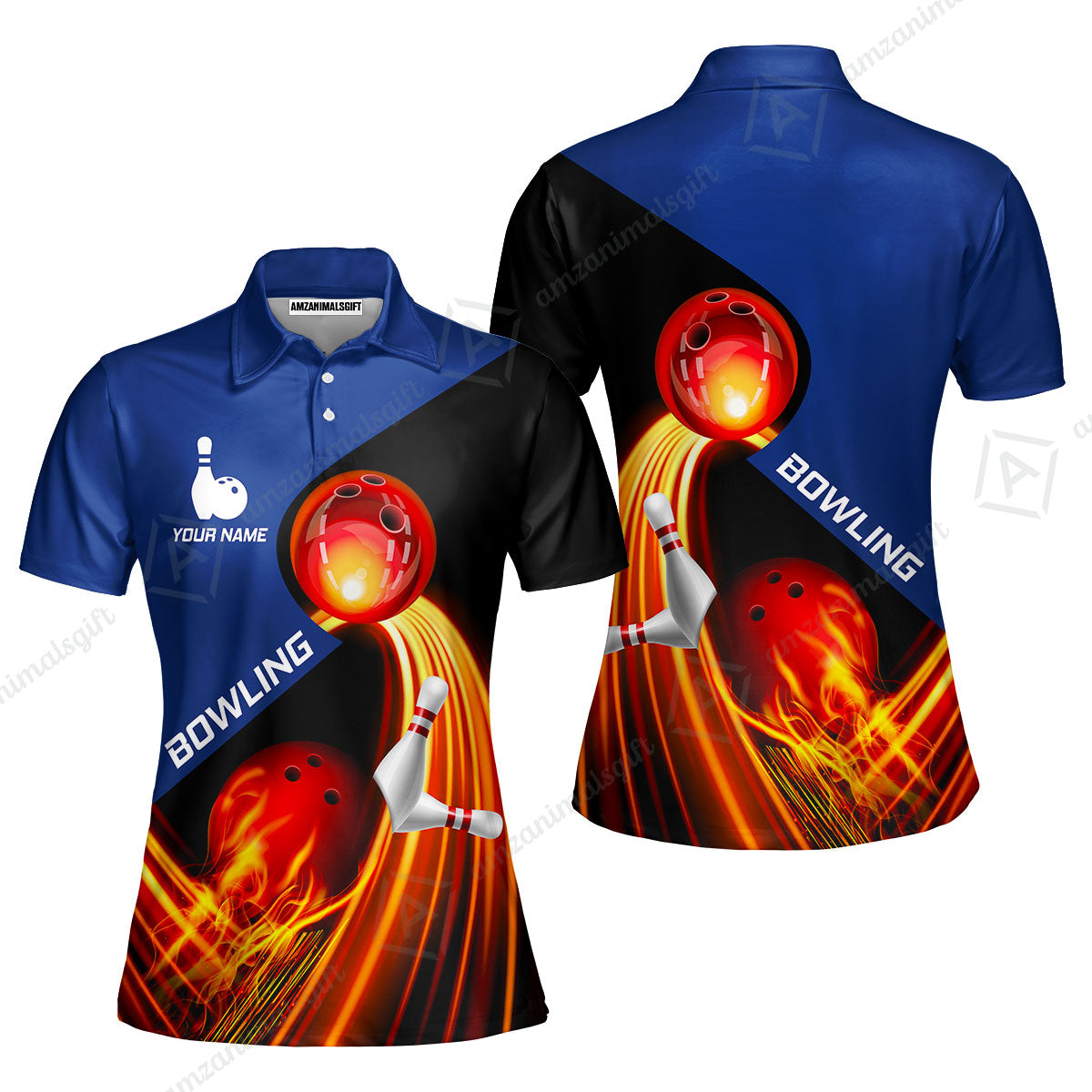 Custom Bowling Women Polo Shirt - Amazing Fire Bowling Ball Pattern Personalized Name Women Polo Shirt For Women, Bowling Lover