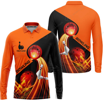 Custom Bowling Long Sleeve Polo Shirt - Amazing Fire Bowling Ball Pattern Personalized Name Hawaiian Shirt For Men & Women, Bowling Lover