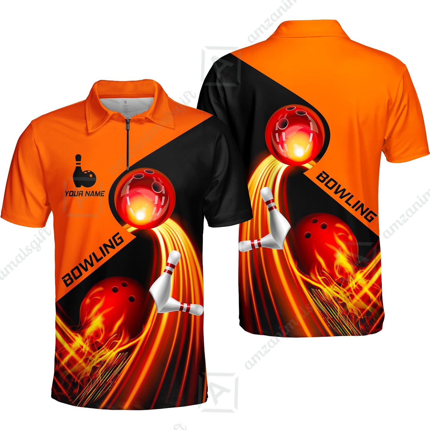Custom Bowling Quater-Zip Polo Shirt - Amazing Fire Bowling Ball Pattern Personalized Name Polo Shirt For Men & Women, Bowling Lover