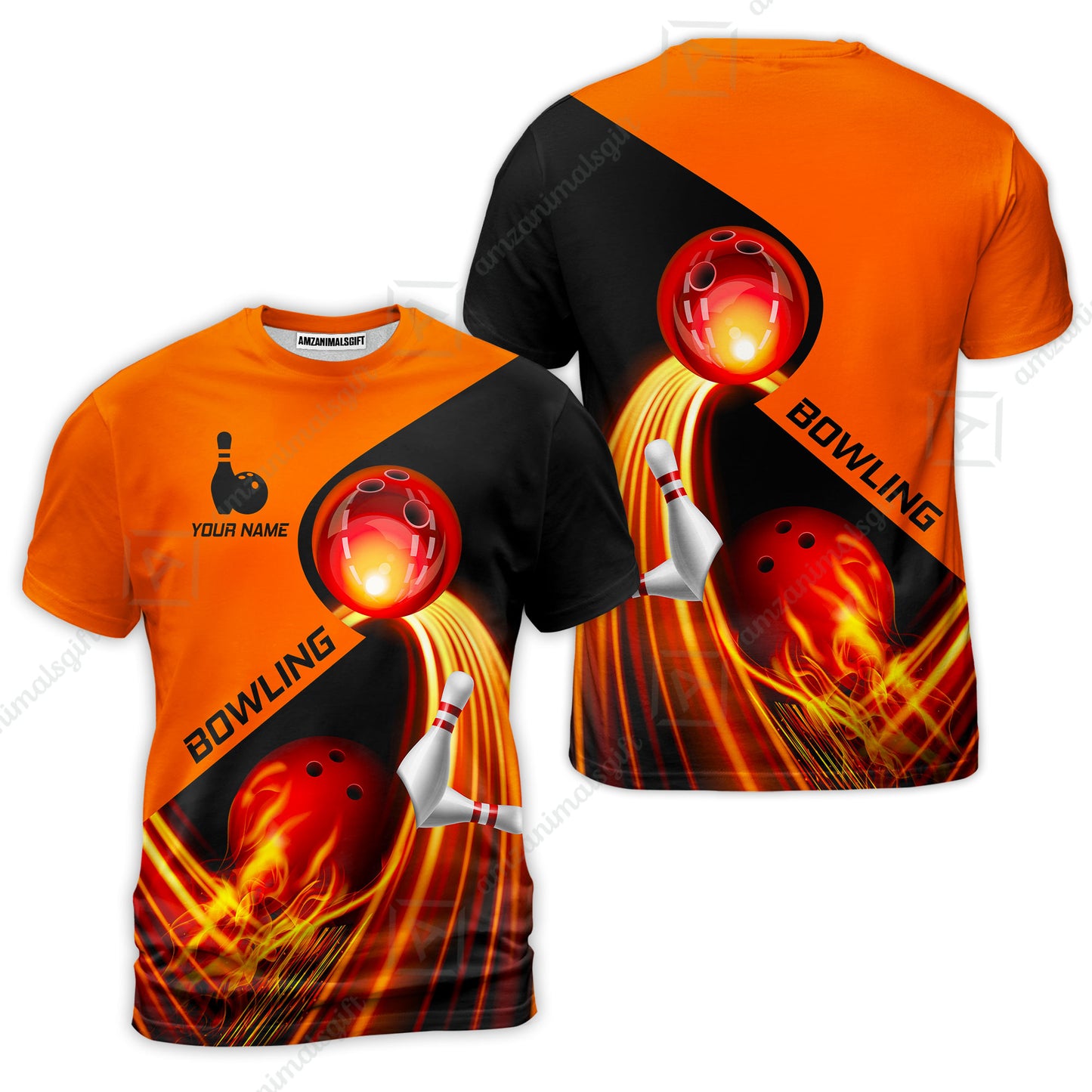 Custom Bowling T-Shirt - Amazing Fire Bowling Ball Pattern Personalized Name  T-Shirt For Men & Women, Bowling Lover