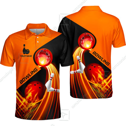 Custom Bowling Unisex Polo Shirt - Amazing Fire Bowling Ball Pattern Personalized Name Polo Shirt For Men & Women, Bowling Lover