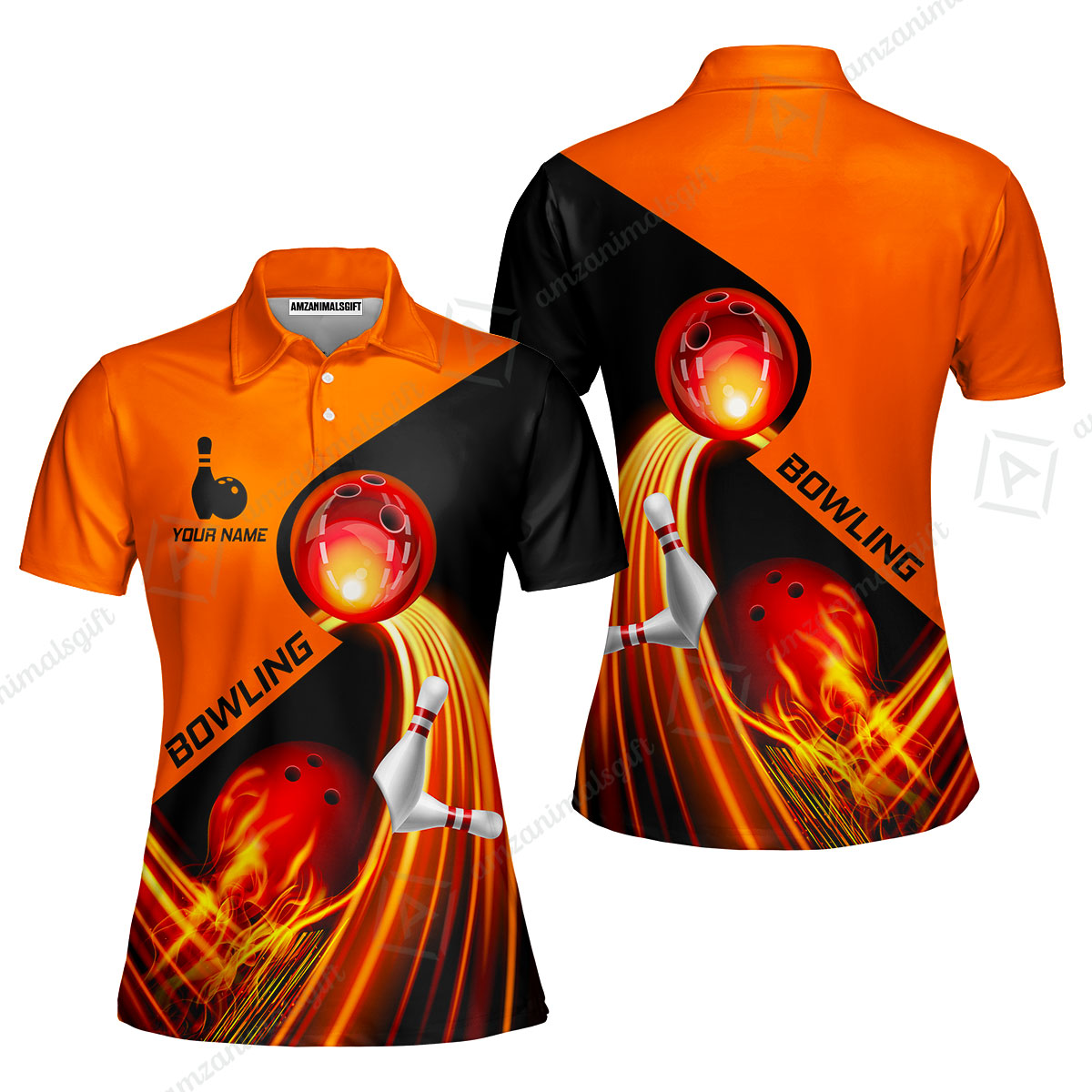 Custom Bowling Women Polo Shirt - Amazing Fire Bowling Ball Pattern Personalized Name Women Polo Shirt For Women, Bowling Lover