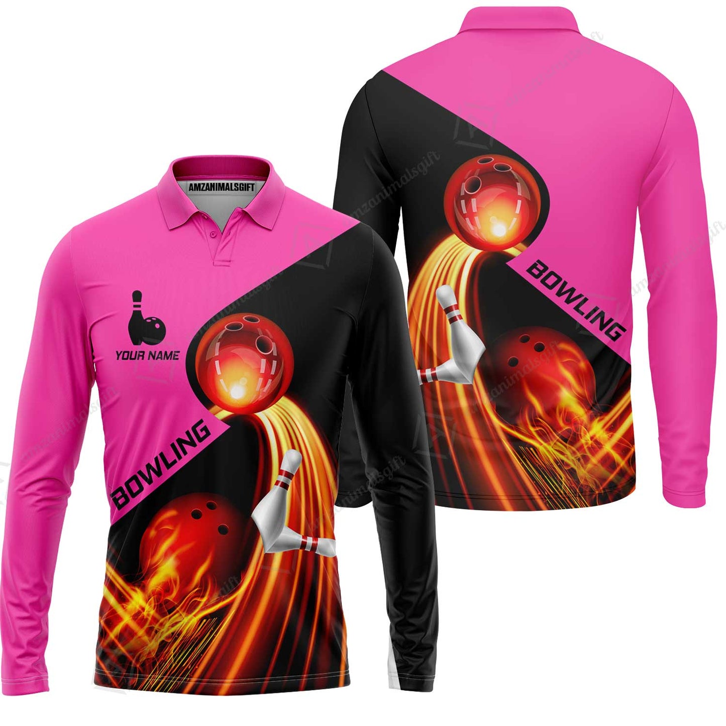 Custom Bowling Long Sleeve Polo Shirt - Amazing Fire Bowling Ball Pattern Personalized Name Hawaiian Shirt For Men & Women, Bowling Lover