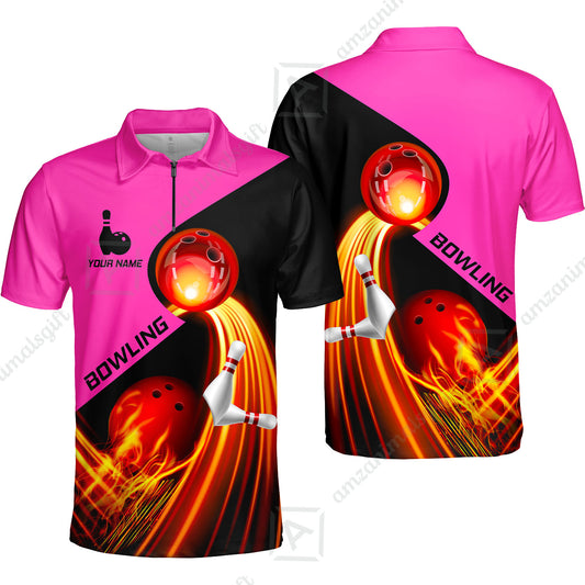 Custom Bowling Quater-Zip Polo Shirt - Amazing Fire Bowling Ball Pattern Personalized Name Polo Shirt For Men & Women, Bowling Lover