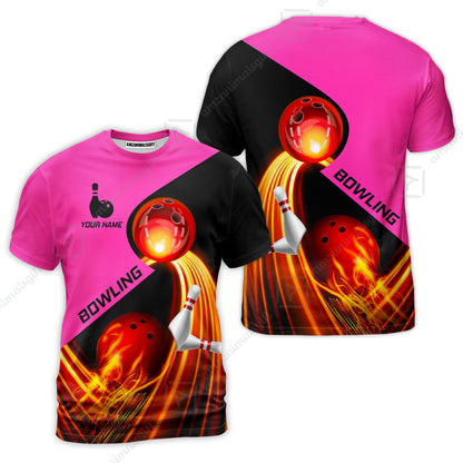 Custom Bowling T-Shirt - Amazing Fire Bowling Ball Pattern Personalized Name  T-Shirt For Men & Women, Bowling Lover