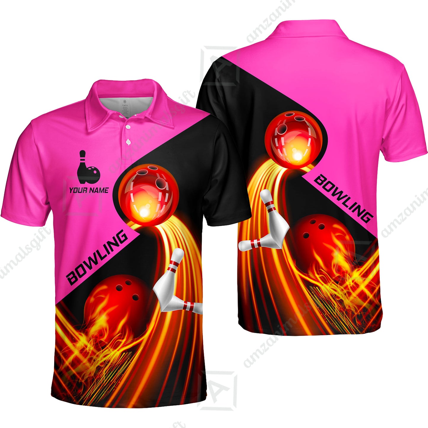 Custom Bowling Unisex Polo Shirt - Amazing Fire Bowling Ball Pattern Personalized Name Polo Shirt For Men & Women, Bowling Lover