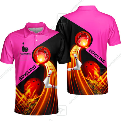 Custom Bowling Unisex Polo Shirt - Amazing Fire Bowling Ball Pattern Personalized Name Polo Shirt For Men & Women, Bowling Lover