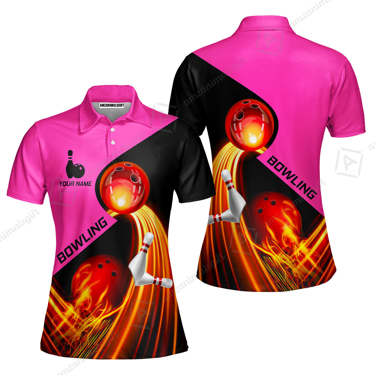 Custom Bowling Women Polo Shirt - Amazing Fire Bowling Ball Pattern Personalized Name Women Polo Shirt For Women, Bowling Lover