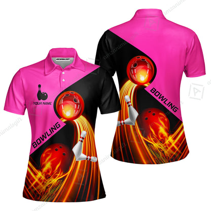 Custom Bowling Women Polo Shirt - Amazing Fire Bowling Ball Pattern Personalized Name Women Polo Shirt For Women, Bowling Lover