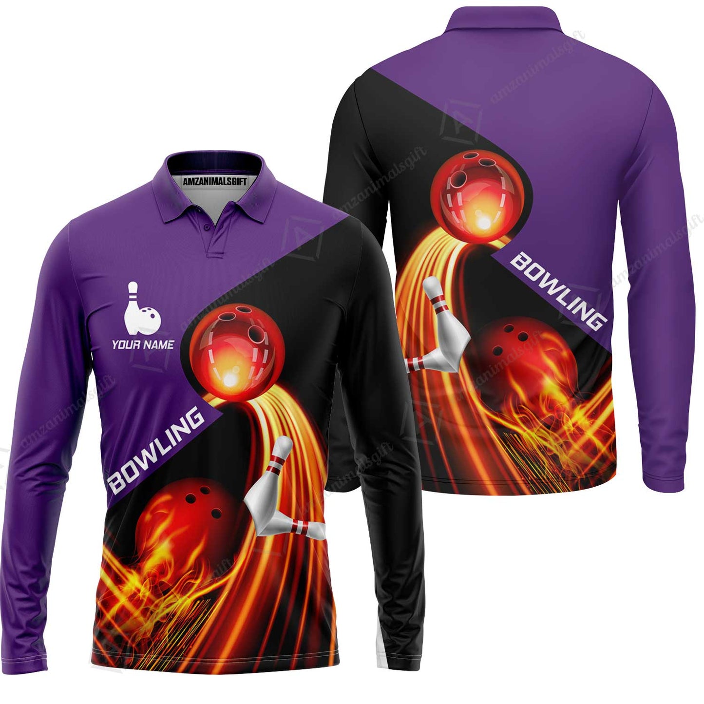 Custom Bowling Long Sleeve Polo Shirt - Amazing Fire Bowling Ball Pattern Personalized Name Hawaiian Shirt For Men & Women, Bowling Lover