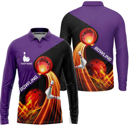 Custom Bowling Long Sleeve Polo Shirt - Amazing Fire Bowling Ball Pattern Personalized Name Hawaiian Shirt For Men & Women, Bowling Lover