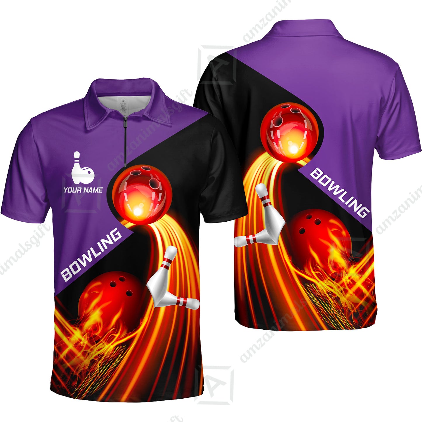 Custom Bowling Quater-Zip Polo Shirt - Amazing Fire Bowling Ball Pattern Personalized Name Polo Shirt For Men & Women, Bowling Lover