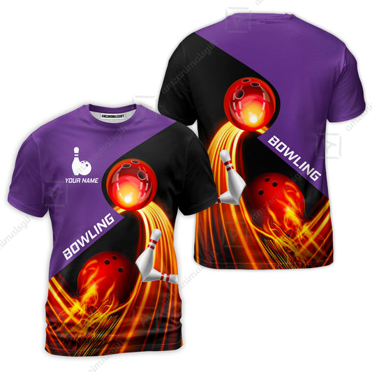 Custom Bowling T-Shirt - Amazing Fire Bowling Ball Pattern Personalized Name  T-Shirt For Men & Women, Bowling Lover