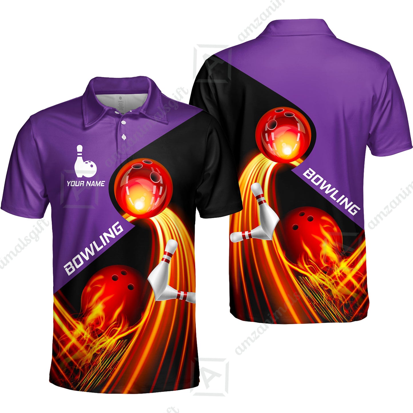 Custom Bowling Unisex Polo Shirt - Amazing Fire Bowling Ball Pattern Personalized Name Polo Shirt For Men & Women, Bowling Lover