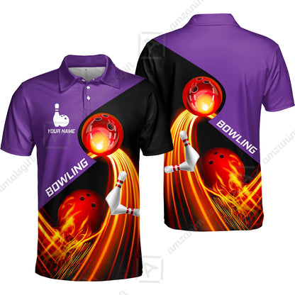 Custom Bowling Unisex Polo Shirt - Amazing Fire Bowling Ball Pattern Personalized Name Polo Shirt For Men & Women, Bowling Lover