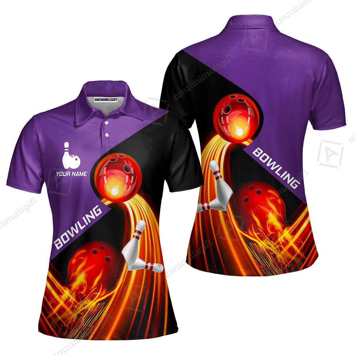 Custom Bowling Women Polo Shirt - Amazing Fire Bowling Ball Pattern Personalized Name Women Polo Shirt For Women, Bowling Lover