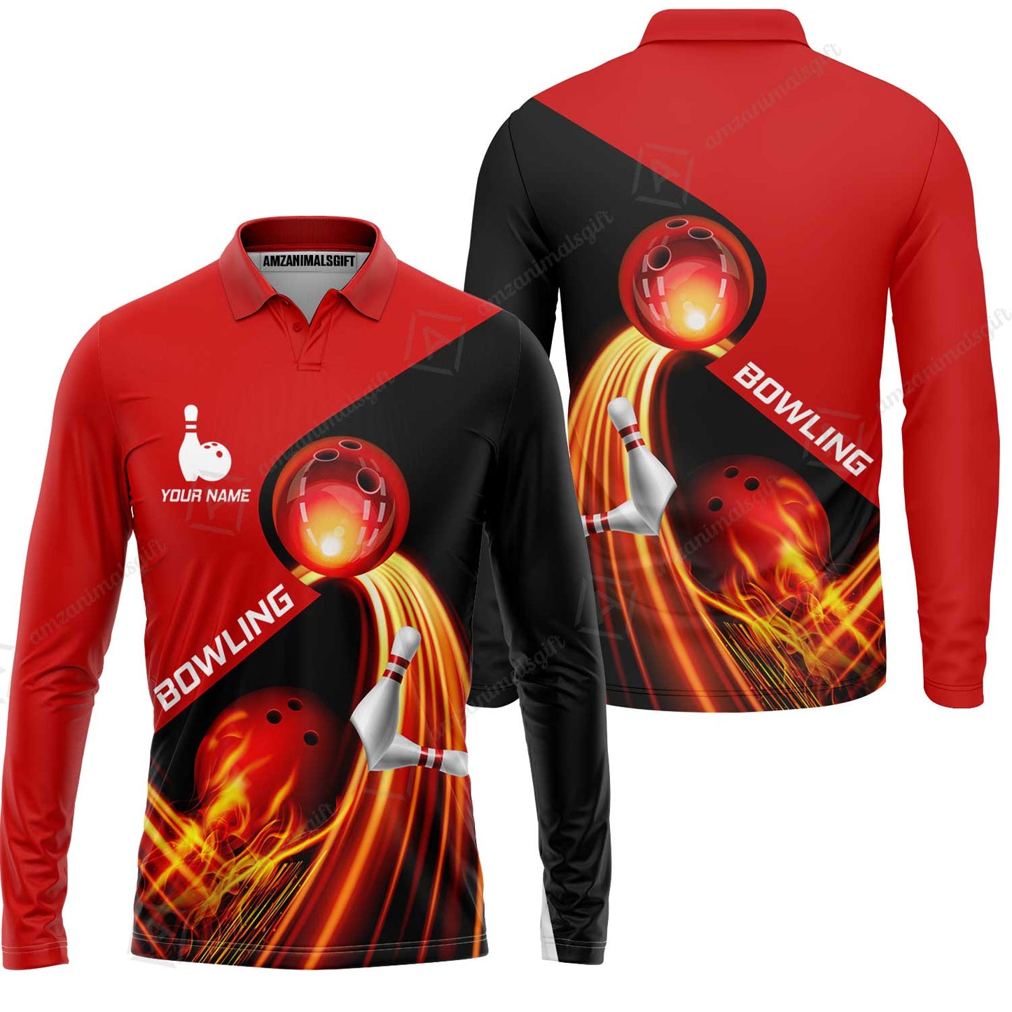 Custom Bowling Long Sleeve Polo Shirt - Amazing Fire Bowling Ball Pattern Personalized Name Hawaiian Shirt For Men & Women, Bowling Lover