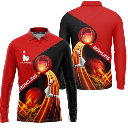Custom Bowling Long Sleeve Polo Shirt - Amazing Fire Bowling Ball Pattern Personalized Name Hawaiian Shirt For Men & Women, Bowling Lover