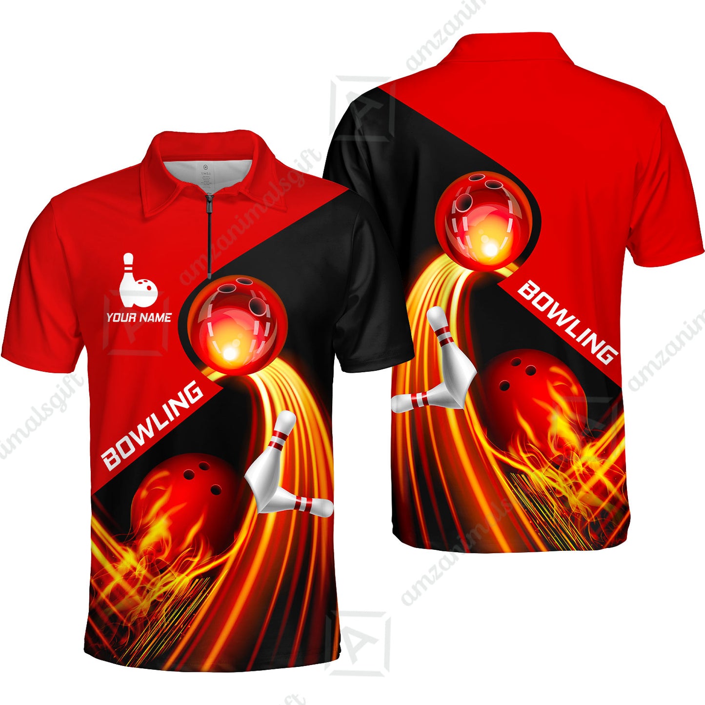Custom Bowling Quater-Zip Polo Shirt - Amazing Fire Bowling Ball Pattern Personalized Name Polo Shirt For Men & Women, Bowling Lover