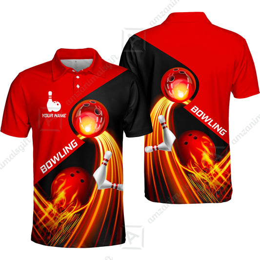 Custom Bowling Unisex Polo Shirt - Amazing Fire Bowling Ball Pattern Personalized Name Polo Shirt For Men & Women, Bowling Lover