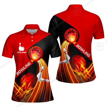 Custom Bowling Women Polo Shirt - Amazing Fire Bowling Ball Pattern Personalized Name Women Polo Shirt For Women, Bowling Lover