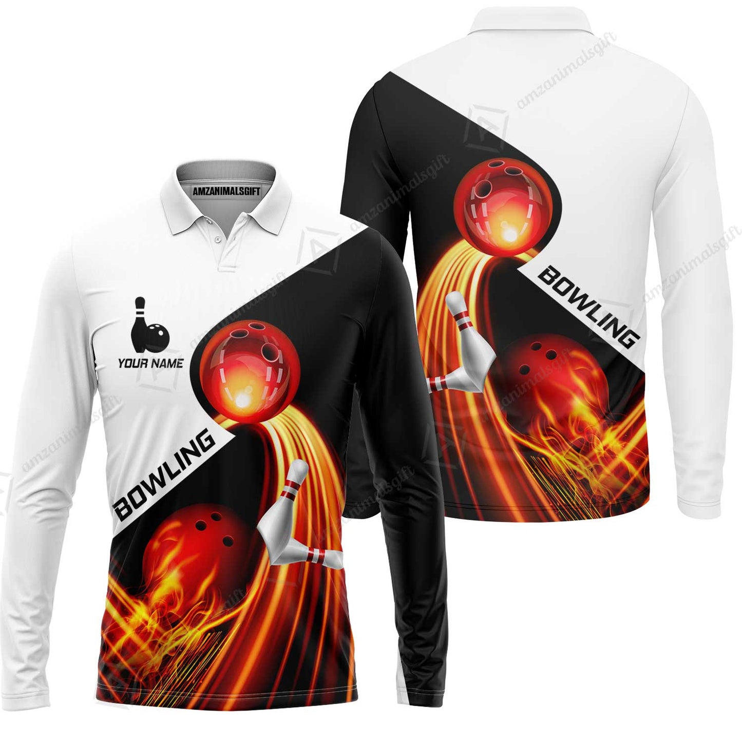 Custom Bowling Long Sleeve Polo Shirt - Amazing Fire Bowling Ball Pattern Personalized Name Hawaiian Shirt For Men & Women, Bowling Lover