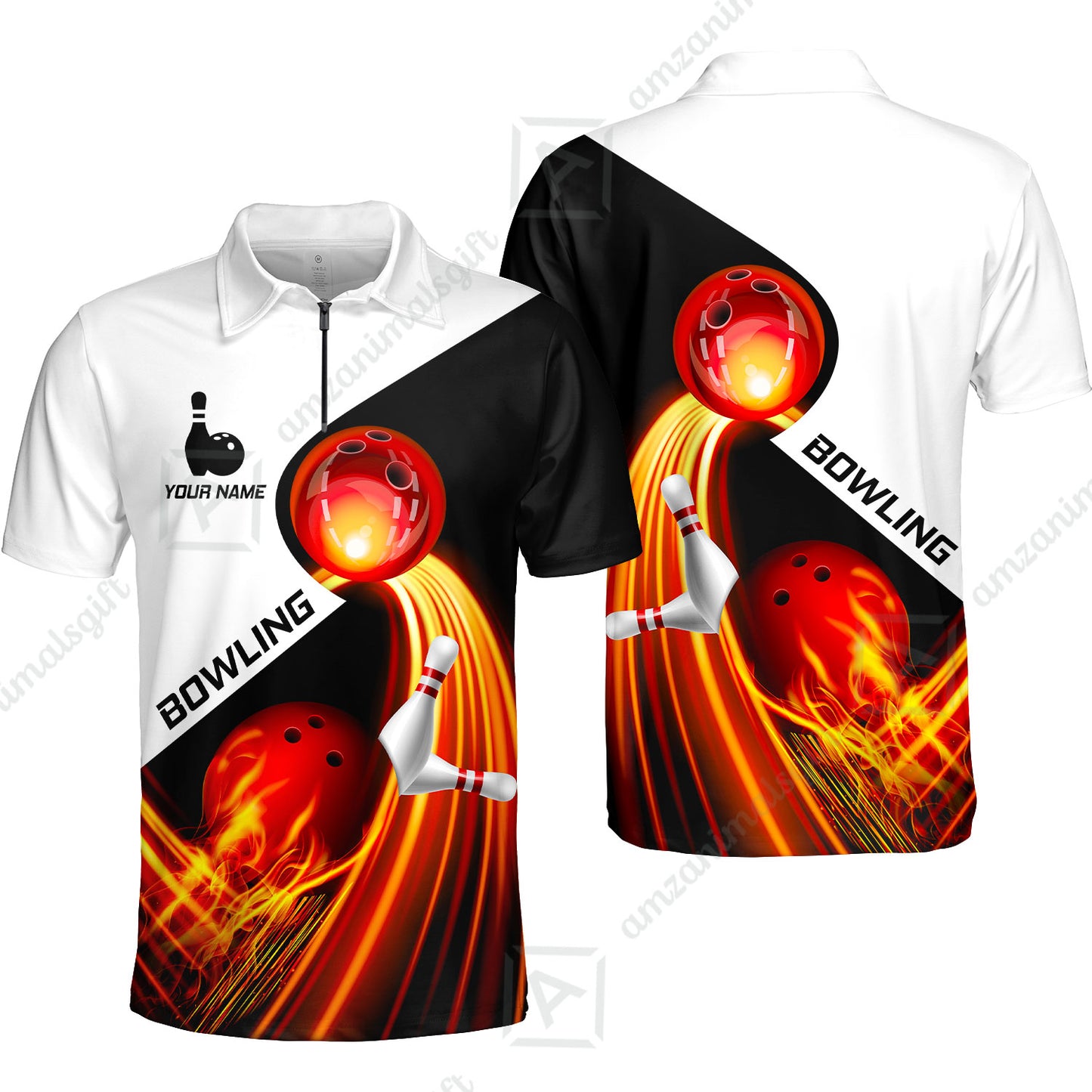 Custom Bowling Quater-Zip Polo Shirt - Amazing Fire Bowling Ball Pattern Personalized Name Polo Shirt For Men & Women, Bowling Lover