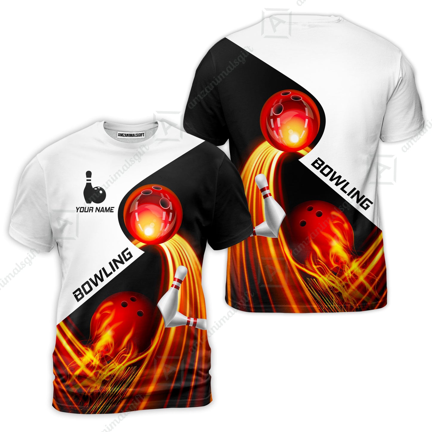 Custom Bowling T-Shirt - Amazing Fire Bowling Ball Pattern Personalized Name  T-Shirt For Men & Women, Bowling Lover