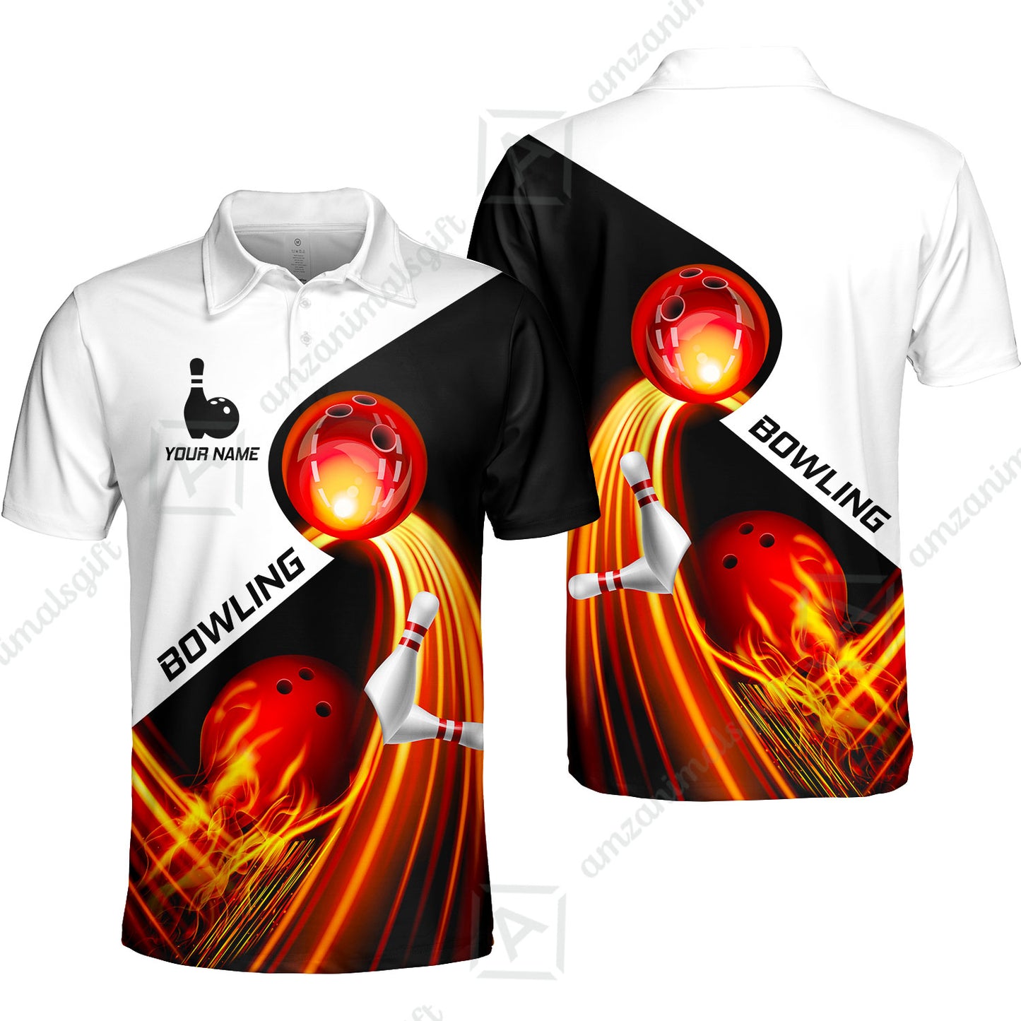 Custom Bowling Unisex Polo Shirt - Amazing Fire Bowling Ball Pattern Personalized Name Polo Shirt For Men & Women, Bowling Lover