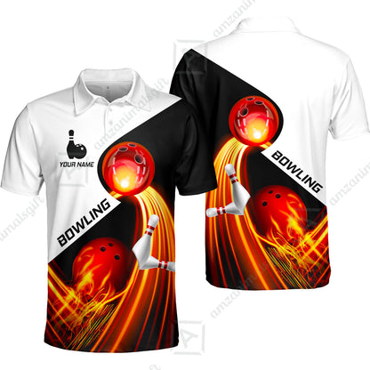 Custom Bowling Unisex Polo Shirt - Amazing Fire Bowling Ball Pattern Personalized Name Polo Shirt For Men & Women, Bowling Lover