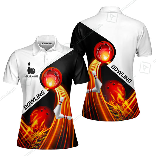 Custom Bowling Women Polo Shirt - Amazing Fire Bowling Ball Pattern Personalized Name Women Polo Shirt For Women, Bowling Lover