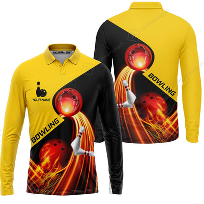 Custom Bowling Long Sleeve Polo Shirt - Amazing Fire Bowling Ball Pattern Personalized Name Hawaiian Shirt For Men & Women, Bowling Lover