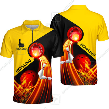 Custom Bowling Quater-Zip Polo Shirt - Amazing Fire Bowling Ball Pattern Personalized Name Polo Shirt For Men & Women, Bowling Lover