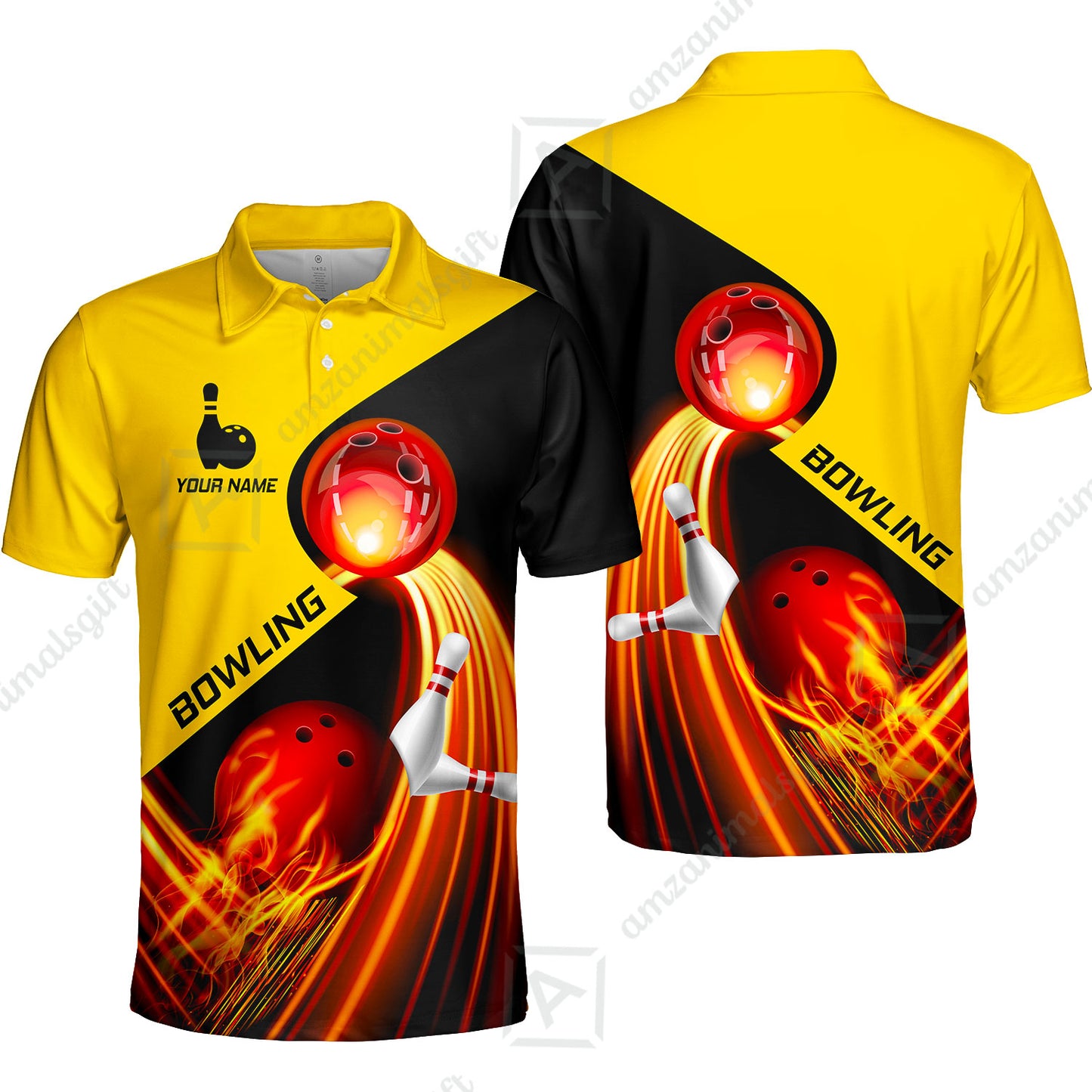 Custom Bowling Unisex Polo Shirt - Amazing Fire Bowling Ball Pattern Personalized Name Polo Shirt For Men & Women, Bowling Lover