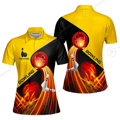 Custom Bowling Women Polo Shirt - Amazing Fire Bowling Ball Pattern Personalized Name Women Polo Shirt For Women, Bowling Lover