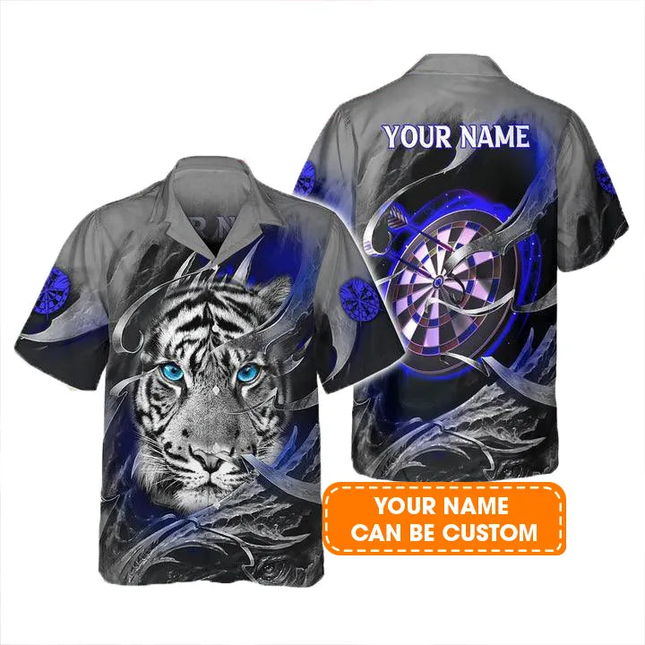 Customized Darts Hawaiian Shirts, Blue Bullseye Dartboard Personalized Tiger And Darts Aloha Shirts - Gift For Darts Lovers, Darts Players