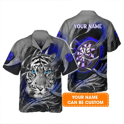 Customized Darts Hawaiian Shirts, Blue Bullseye Dartboard Personalized Tiger And Darts Aloha Shirts - Gift For Darts Lovers, Darts Players