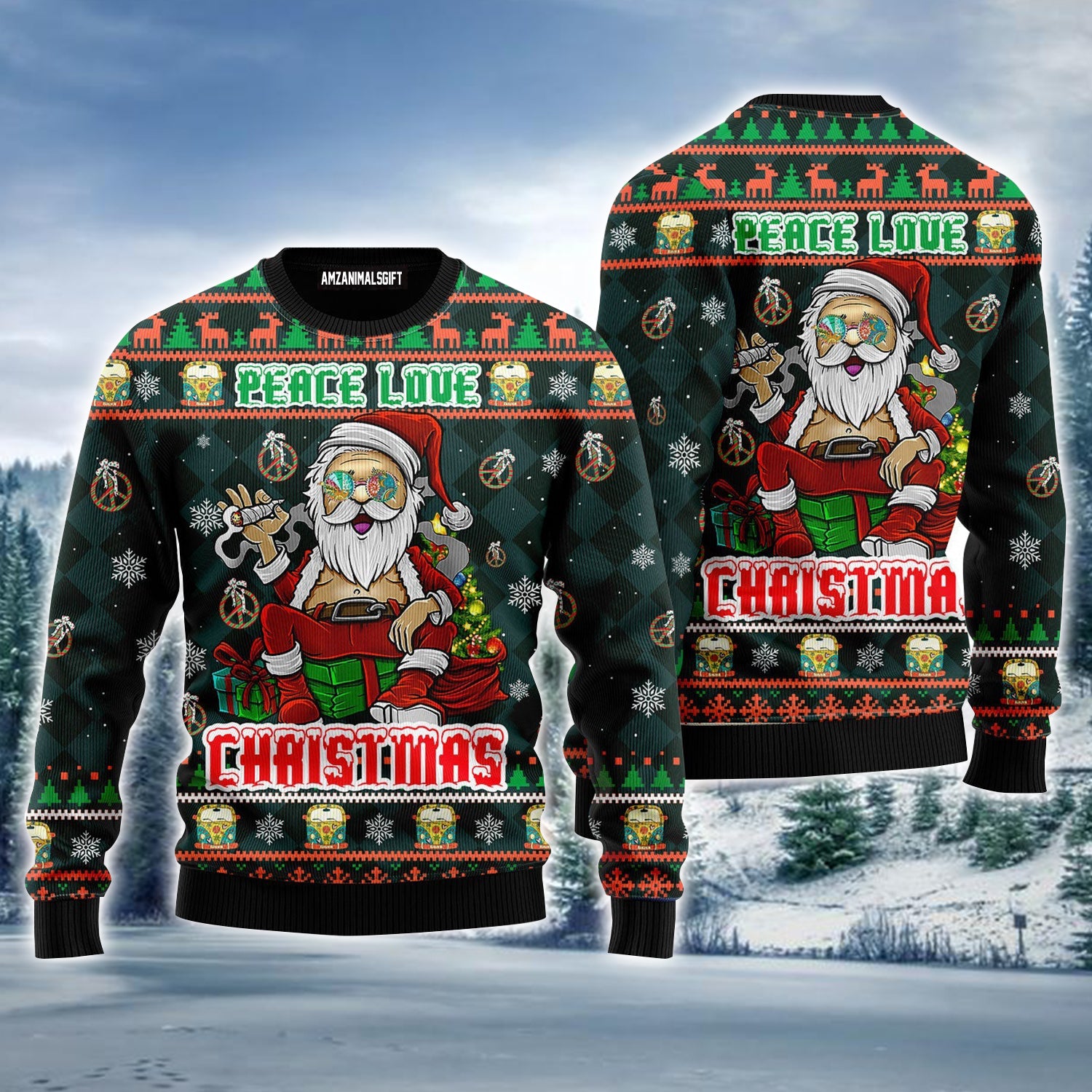 Hippie Santa Claus Ugly Christmas Sweater, Peace Love Christmas Ugly Sweater For Men & Women - Perfect Gift For Christmas, Family, Friends
