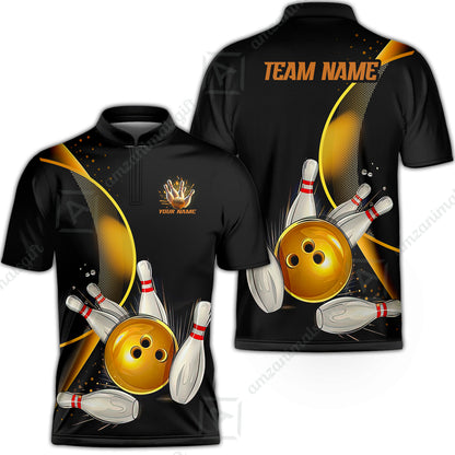 Customized Bowling Polo, Custom Black And Gold Bowling Team Shirts For Men And Women, Unisex Bowling League Jerseys Polo Shirts