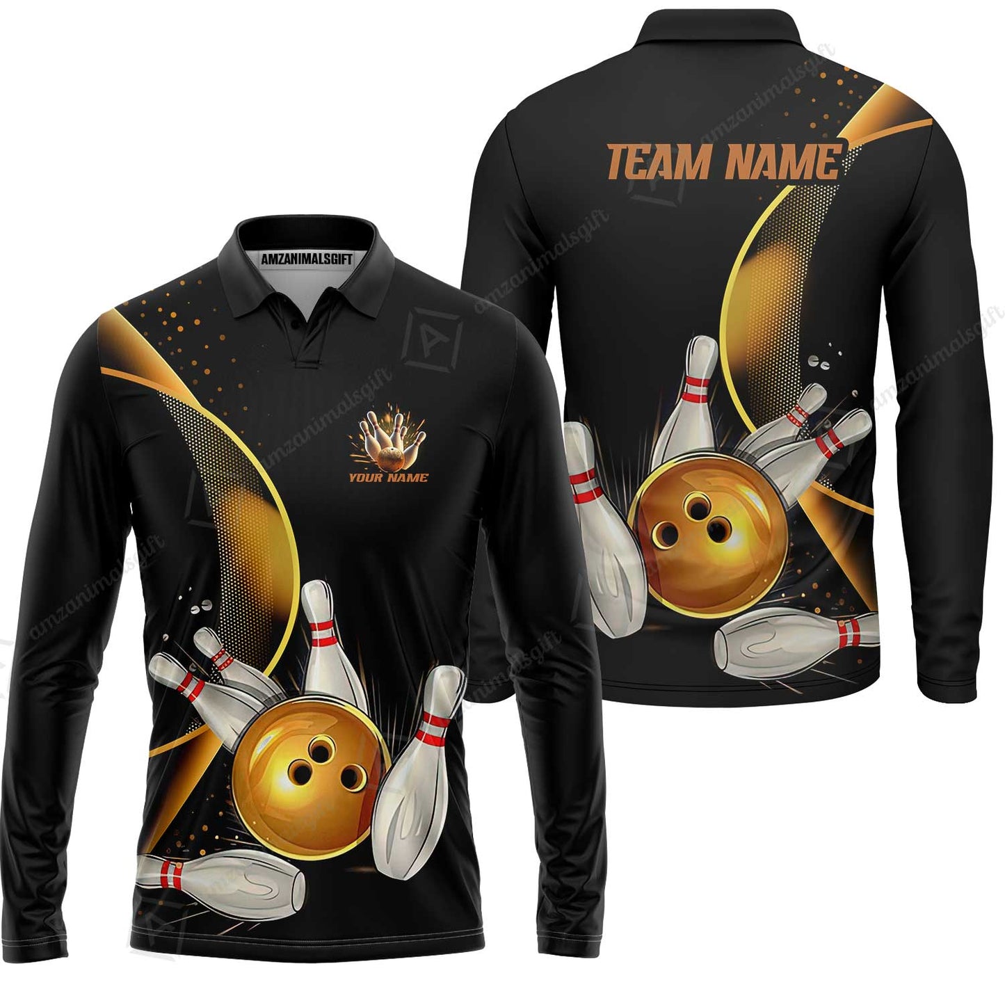 Customized Bowling Polo, Custom Black And Gold Bowling Team Shirts For Men And Women, Unisex Bowling League Jerseys Polo Shirts