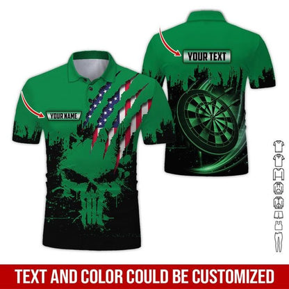 Customized Name & Text Darts Polo Shirt, Skull American Flag Personalized Name Darts Polo Shirt For Men - Perfect Gift For Darts Lovers, Darts Players