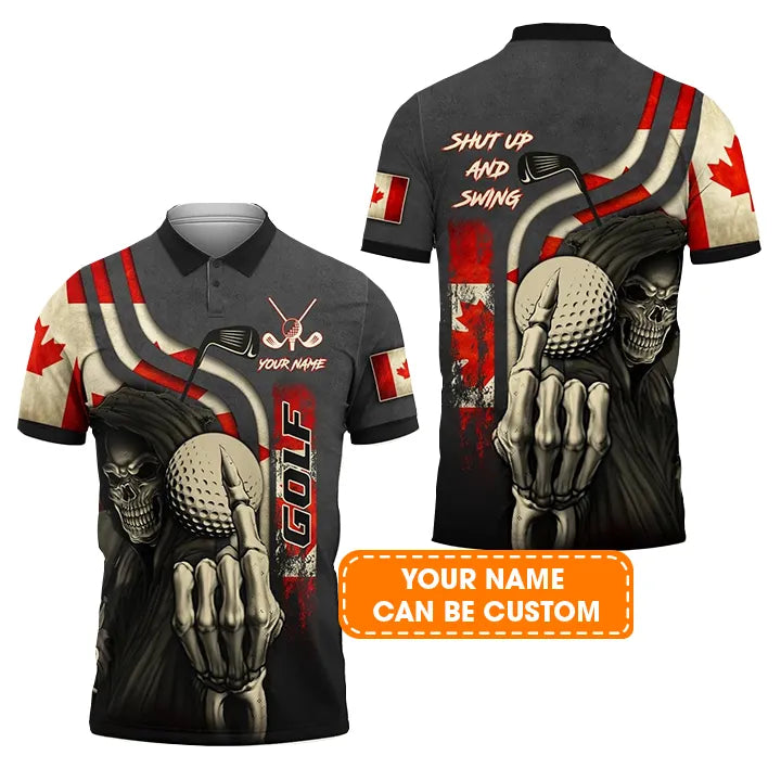 Golf Men Polo Shirt Custom Name - Canada Flag Skull Golf Shut Up And Swing Personalized Polo Shirt For Men - Gift For Golfers, Friend, Family