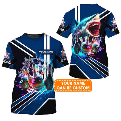 Bowling Custom Name T Shirt, Shark Team Rainbow Bowling Ball And Pins On Water Personalized T-Shirt For Men, Perfect Gift For Bowling Lovers, Bowlers