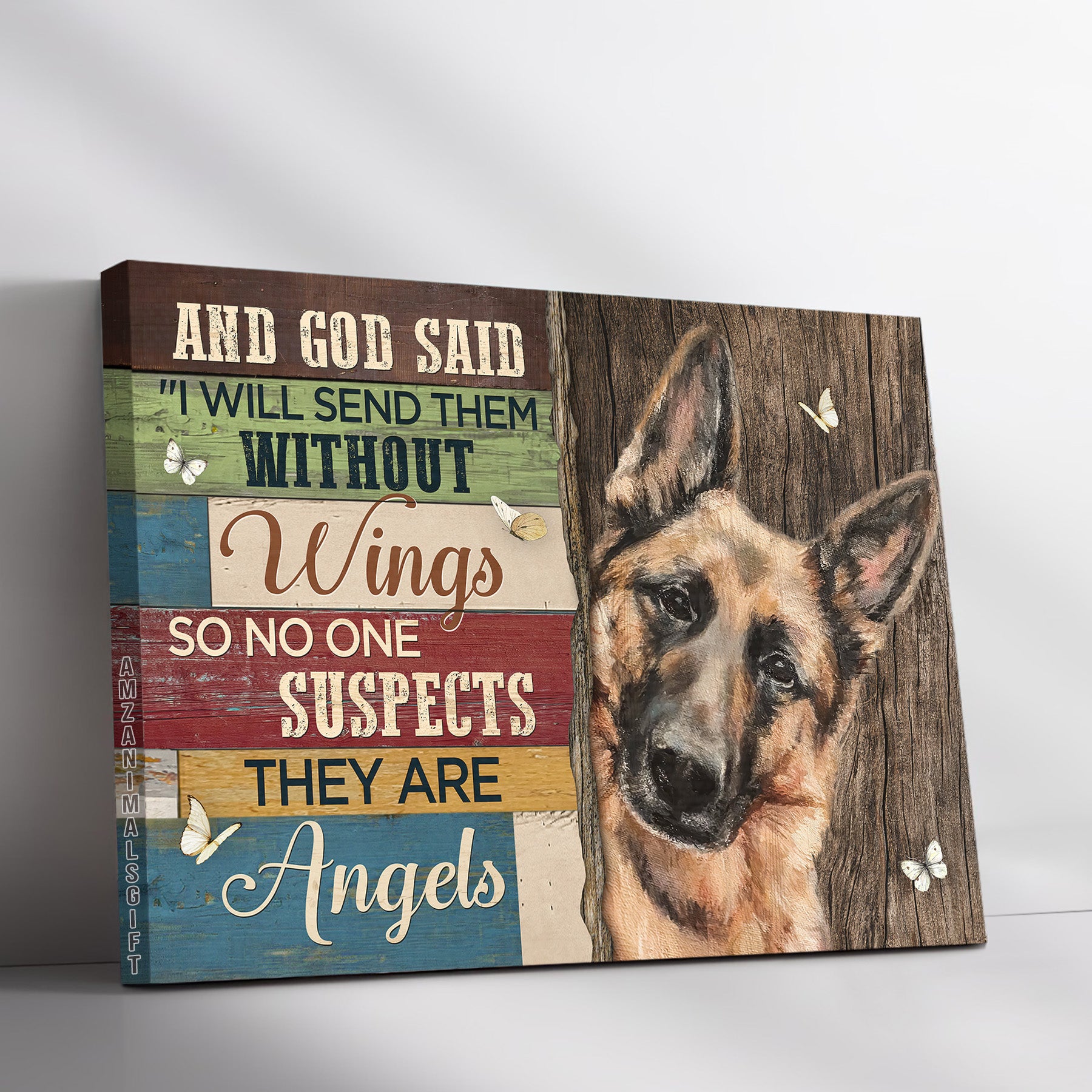 German Shepherd & Jesus Premium Wrapped Landscape Canvas - German Shepherd, Butterfly Drawing, I Will Send Them Without Wings- Gift For Christian
