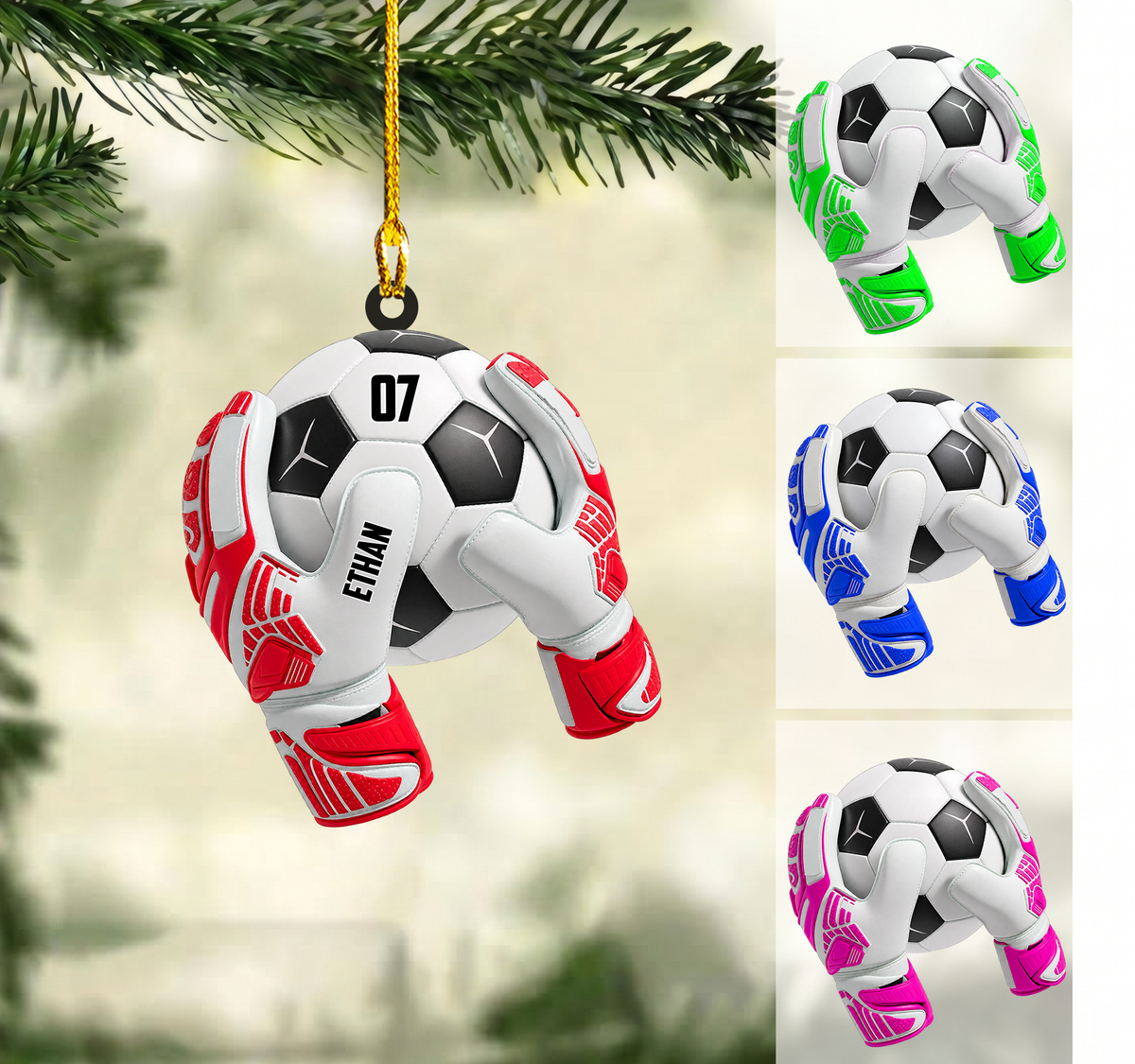 Personalized Soccer Goalkeeper Christmas Ornament, Goalie Gloves Wrapping Football With Number, Custom Ornament Christmas Gift, Keychain Soccer, Car Ornament Soccer