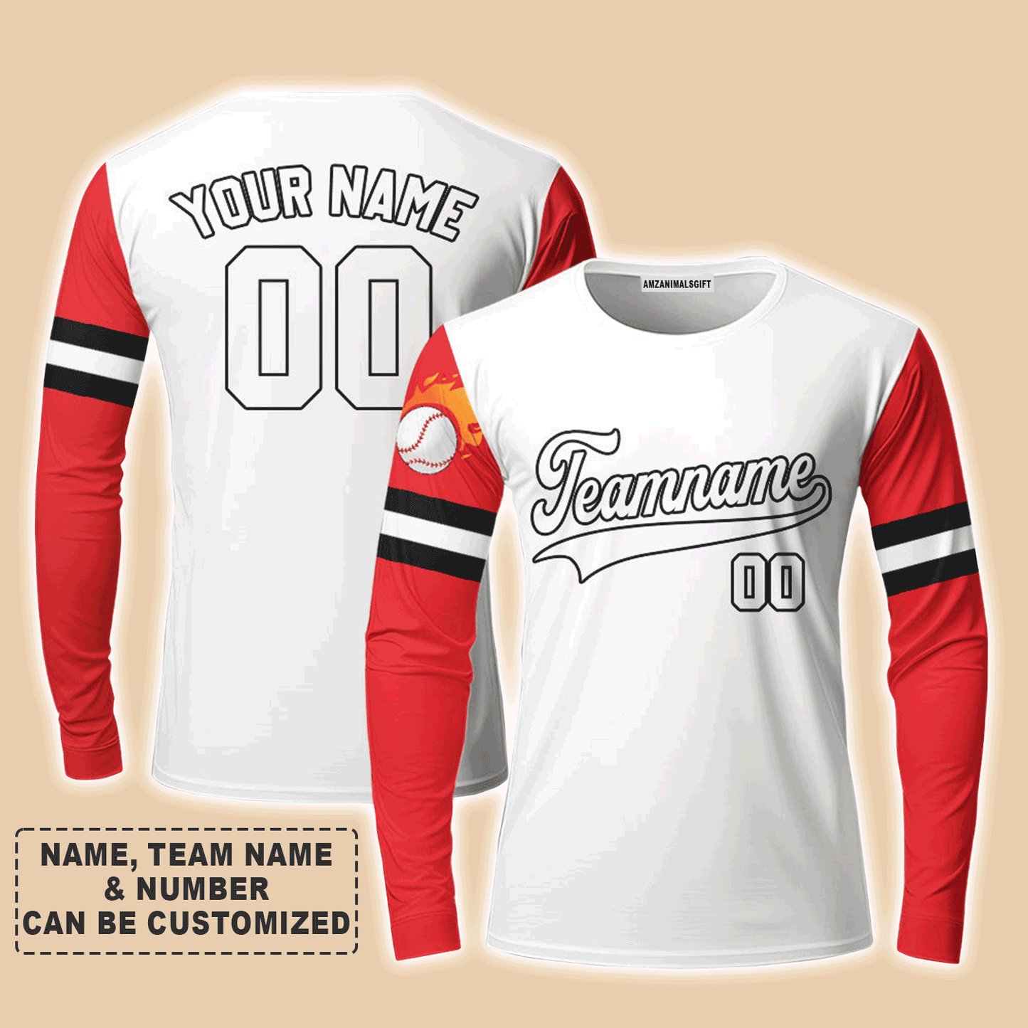 Customized Baseball Long Sleeve Shirt, Texas Fire Baseball White Red Custom Long Sleeve Shirt - Perfect Long Sleeve Shirt For Men & Woman, Baseball Lovers