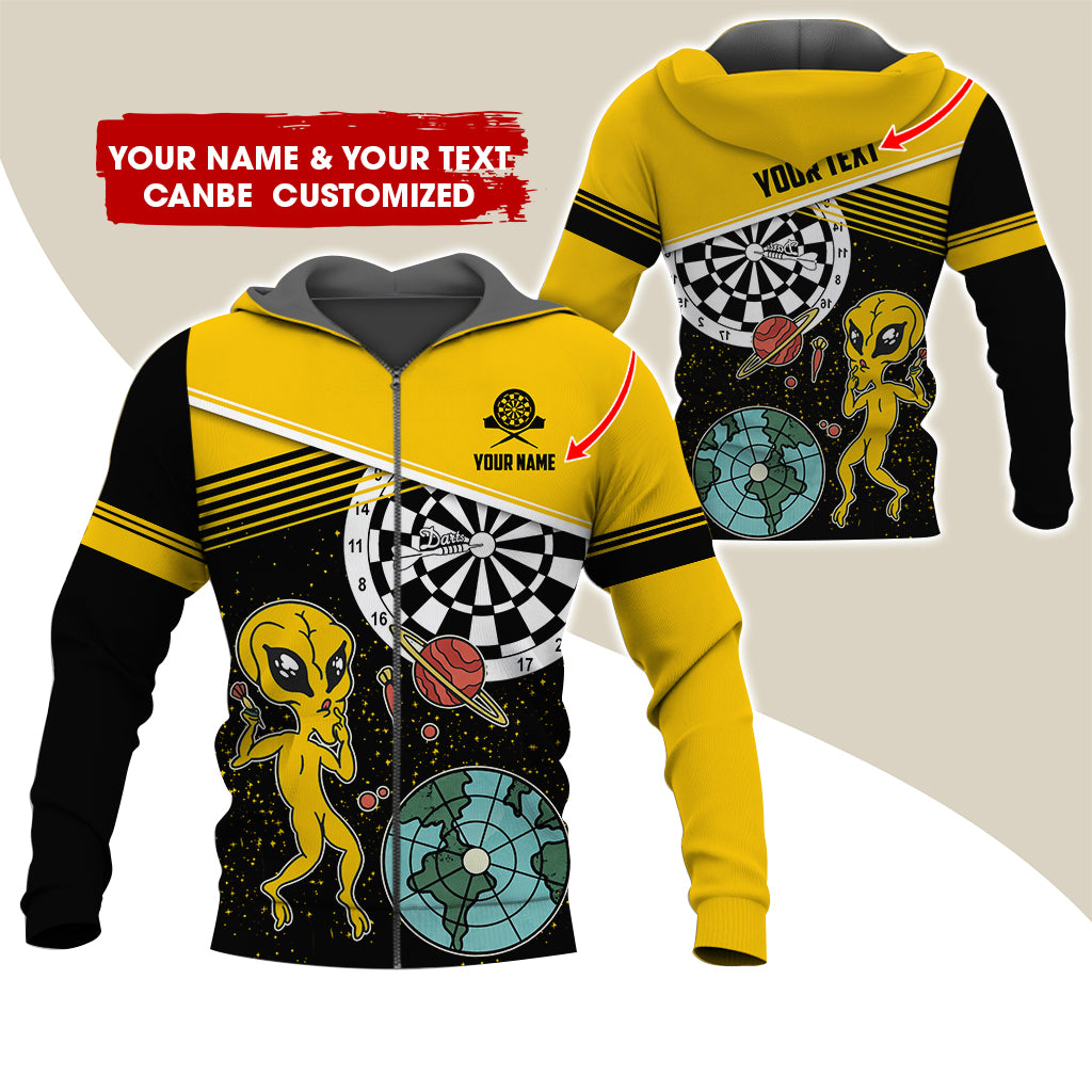 Customized Name Alien Darts Premium Zip Hoodie, Personalized Name & Text Darts Zip Hoodie For Men & Women - Gift For Darts Lovers, Darts Players