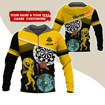 Customized Name Alien Darts Premium Zip Hoodie, Personalized Name & Text Darts Zip Hoodie For Men & Women - Gift For Darts Lovers, Darts Players