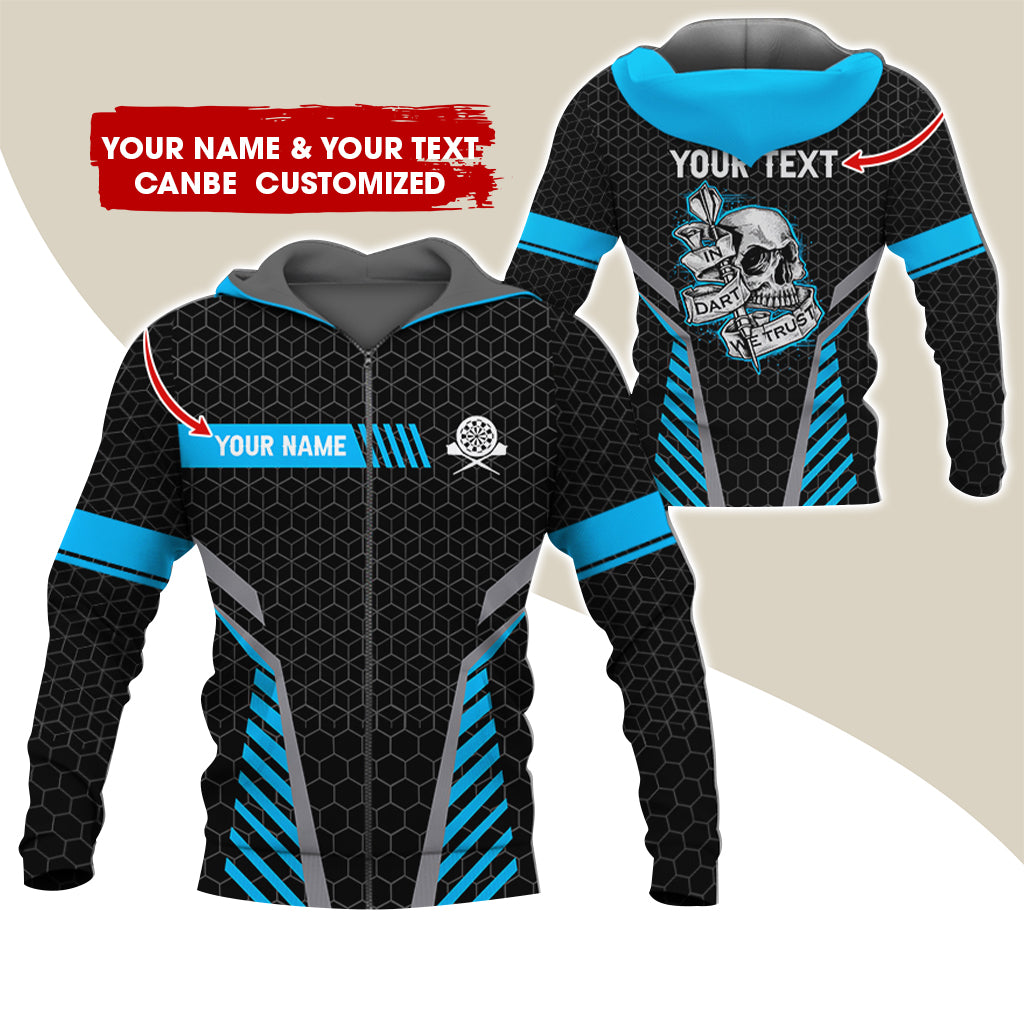 Customized Name & Text Skull Darts Premium Zip Hoodie, Custom Honeycomb Pattern Darts Zip Hoodie For Men & Women - Gift For Darts Lovers, Darts Players